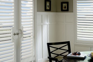 White Polysatin Plantation-style shutter doors with notch out for door handles