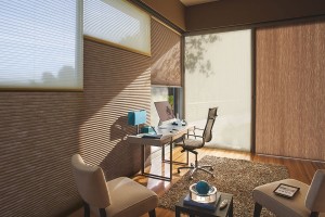 Brown dual cellular shades at various heights, two adjusted to allow light from top of window, one opened from the bottom, and a sliding cell shade at sliding glass door.in home office