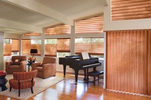 Custom roman shades to accommodate angled windows and ceiling in a living room